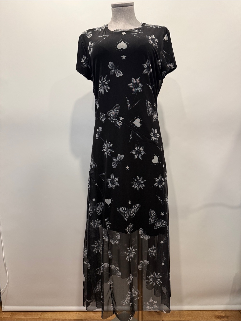 Desigual Maxi Dress | XL | Butterfly & Floral Print | Sheer Hem